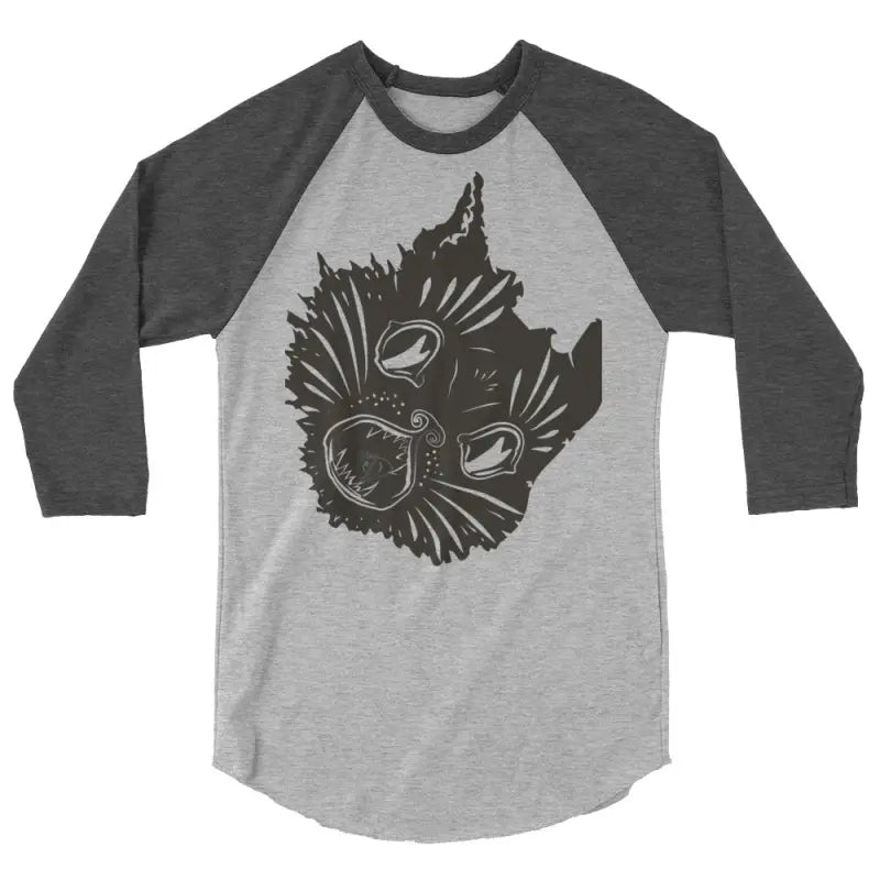 Gray and charcoal raglan shirt featuring a cat graphic for fierce feline fantasy lovers