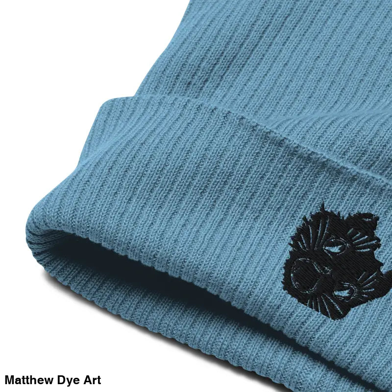 Blue knit beanie with black panther emblem, Cozy & Cursed Kitty Head Organic Ribbed Beanie