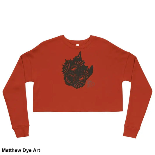 Red cropped sweatshirt featuring a spooky season style with a surreal cat design