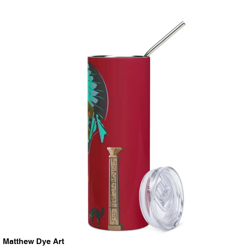 Red tumbler featuring Matthew Dye art inspired by Egypt, perfect for the cute Halloween collection