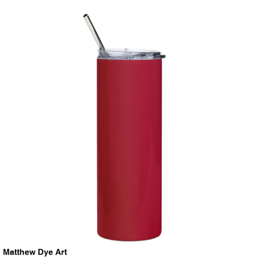 Red cylindrical tumbler with straw from the Matthew Dye Art Mummy Stainless Steel collection