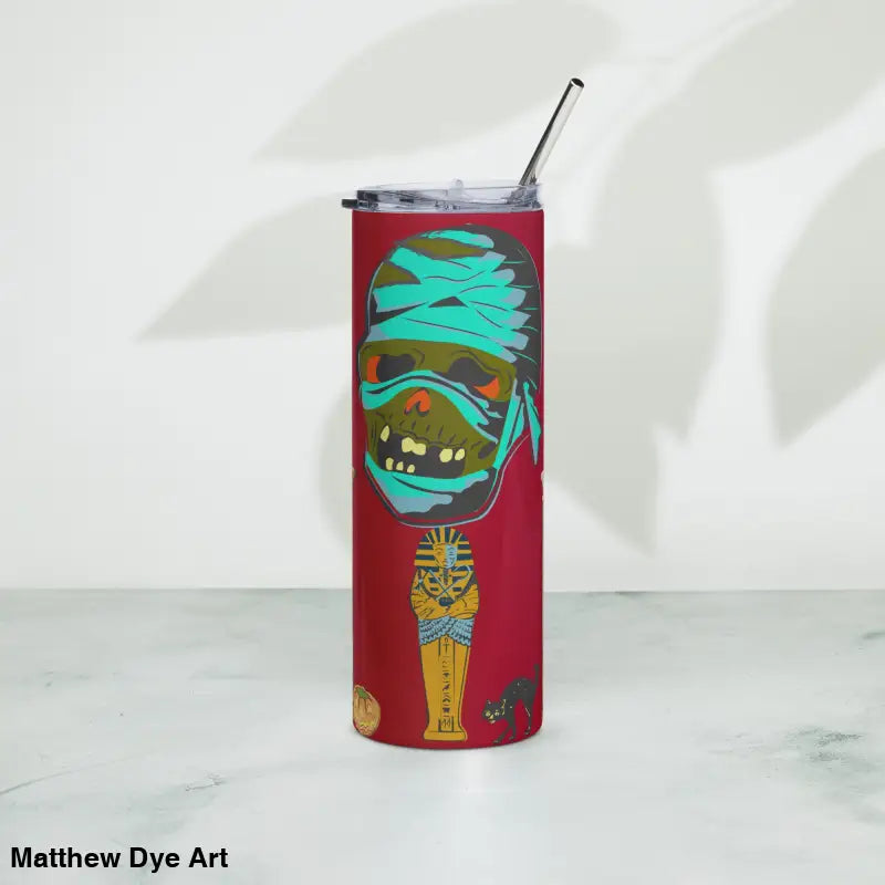 Maroon tumbler featuring Matthew Dye art mummy design from the Cute Halloween Collection