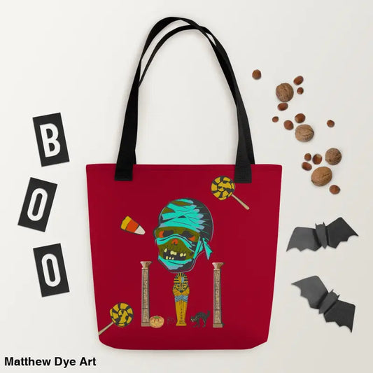 Red Halloween tote bag named CURSE OF THE PHARAOH, a reusable trick or treat tote bag