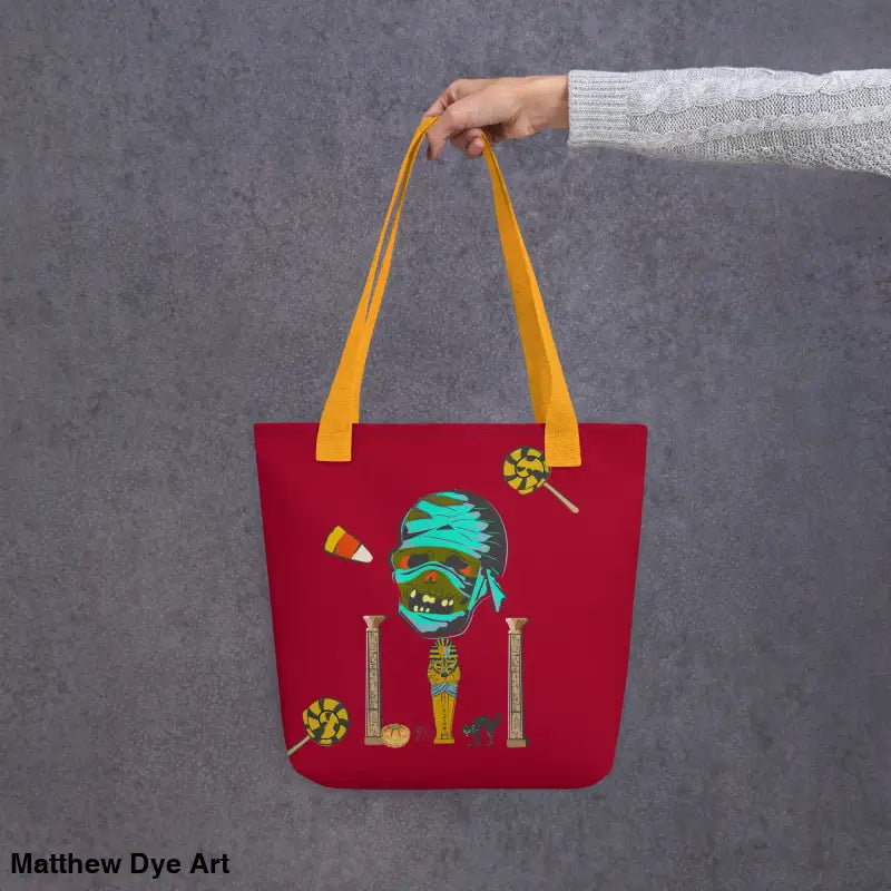 Red reusable trick or treat tote bag featuring a Mummy design for Halloween