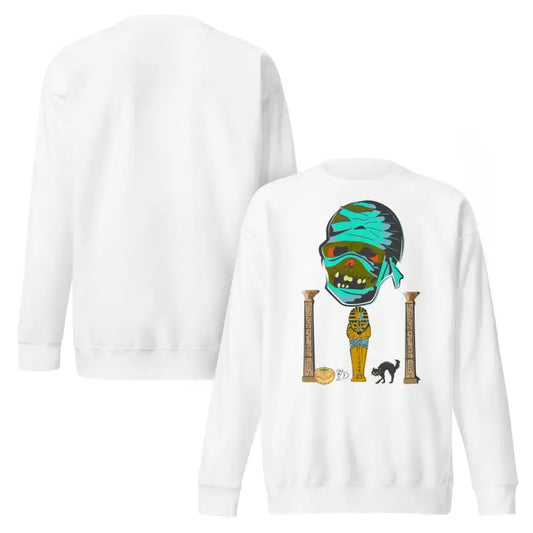 White unisex mummy sweatshirt featuring an enchanting curse inspired by ancient Egyptian imagery
