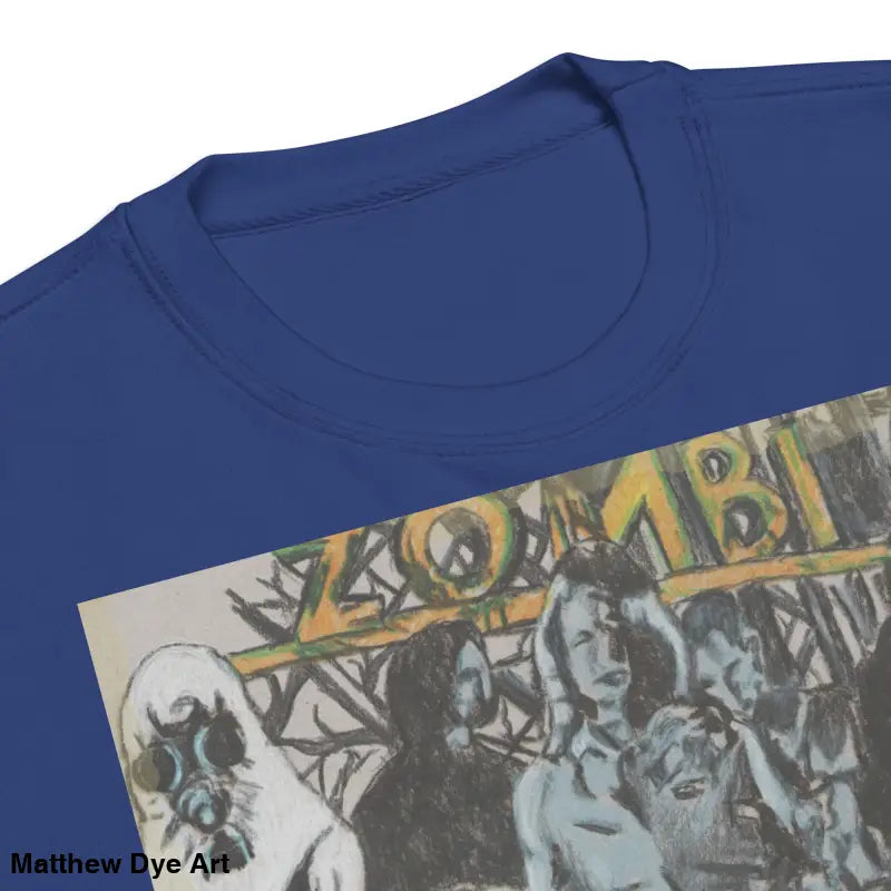 Blue cotton sweatshirt featuring unique Zombie graphic in tribute to Romero