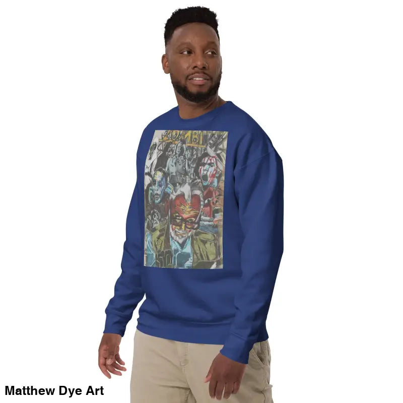 Blue cotton graphic sweatshirt named Dead Will Rise, a unique Romero tribute design