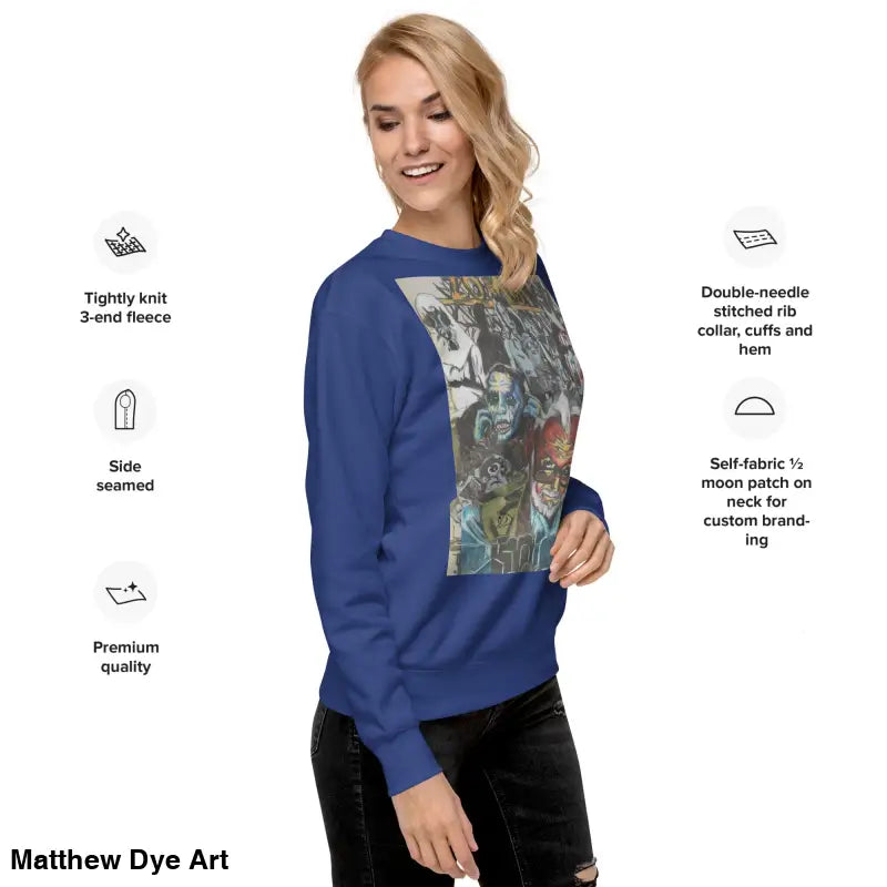 Blue cotton sweatshirt with graphic print, unique Romero tribute design for all genders