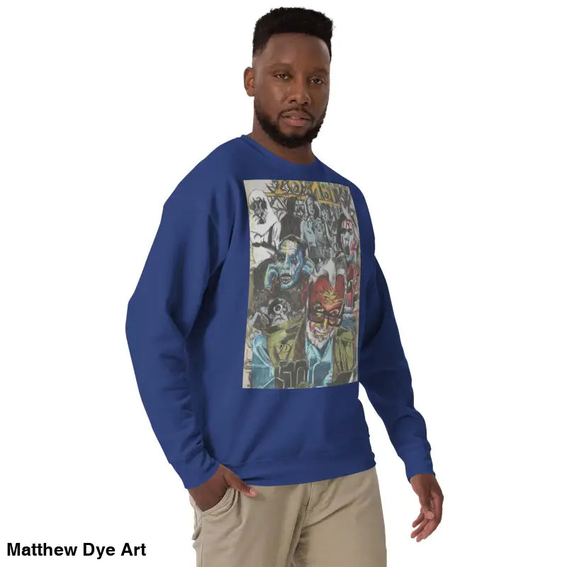 Blue cotton graphic sweatshirt featuring Dead Will Rise Romero tribute design
