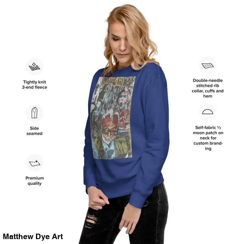 Blue long-sleeved cotton sweatshirt featuring unique Romero graphic print design