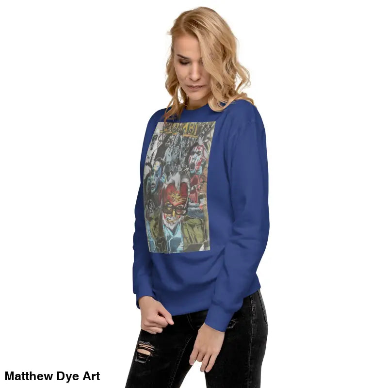 Blue cotton sweatshirt featuring a unique comic book graphic tribute to Romero
