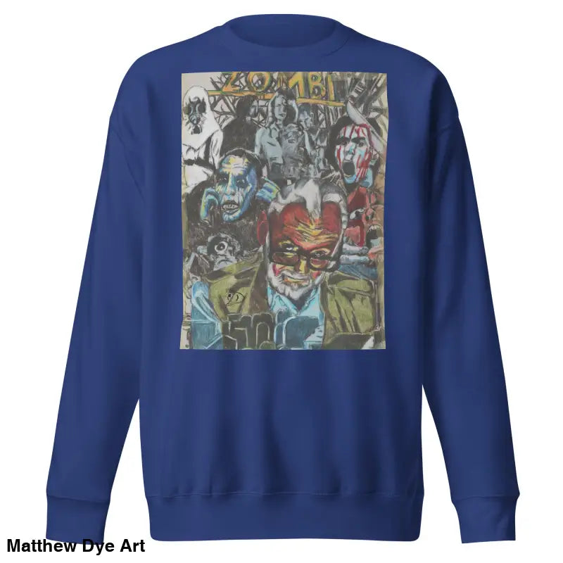 Blue cotton sweatshirt featuring a zombie collage, inspired by Romero’s unique style