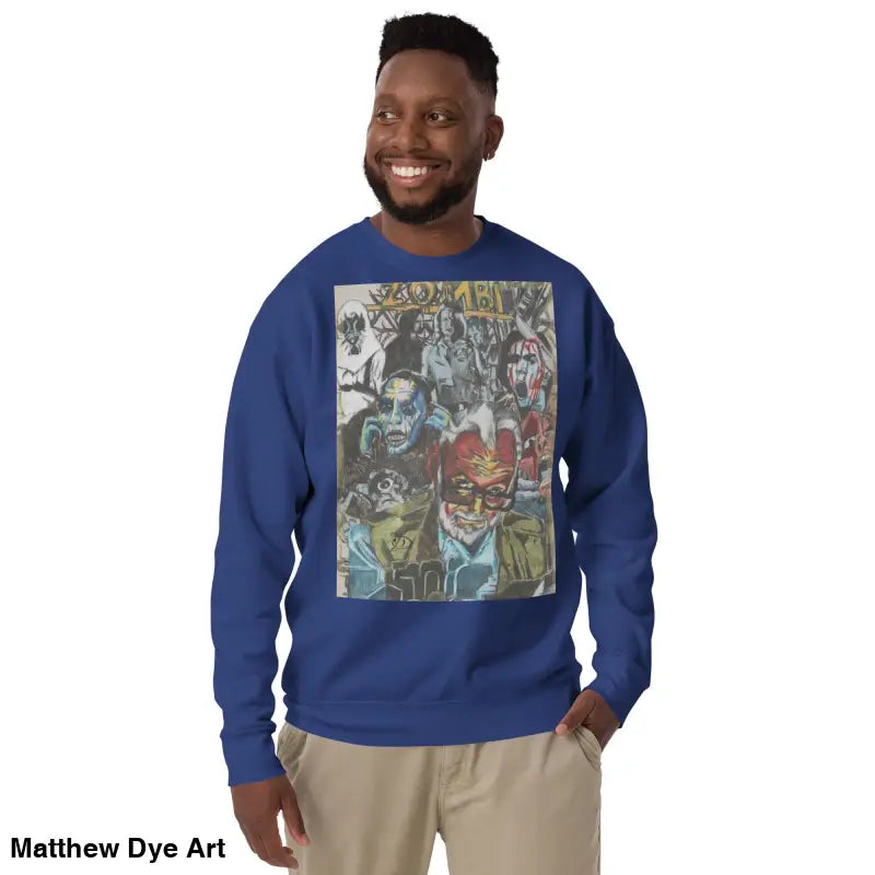 Blue cotton sweatshirt featuring Romero-inspired zombie graphic, unique and stylish