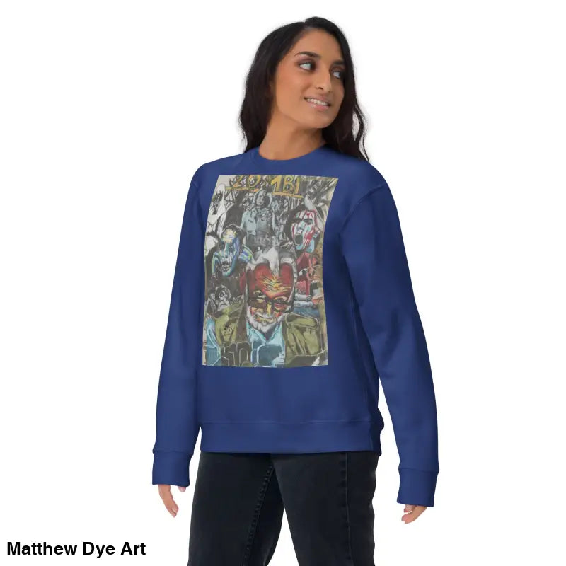 Blue cotton sweatshirt featuring a unique zombie graphic, inspired by Romero
