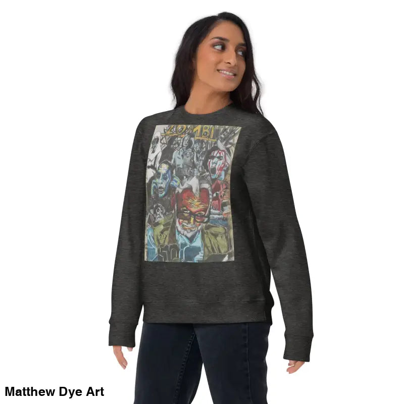 Dark gray cotton sweatshirt featuring a colorful Romero graphic, a unique sweatshirt choice