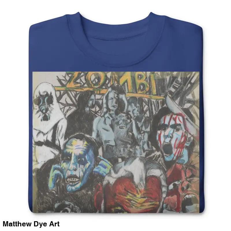 Folded blue cotton sweatshirt with unique zombie art, Dead Will Rise Romero tribute design