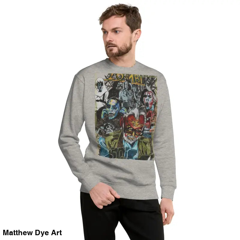 Gray cotton sweatshirt featuring a colorful graphic tribute to Romero. Unique sweatshirt design