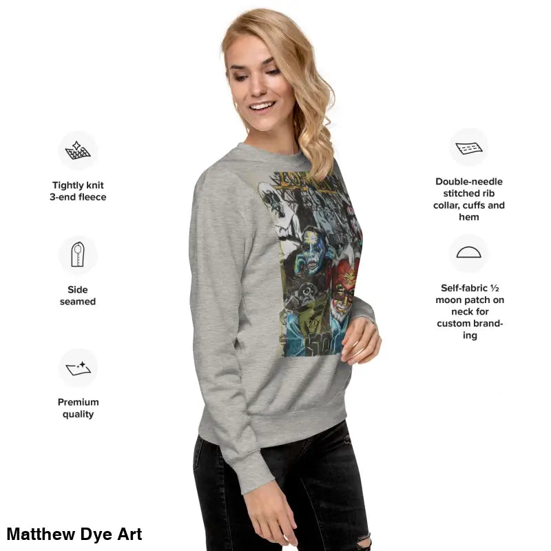 Gray cotton sweatshirt featuring a unique monster collage tribute to Romero