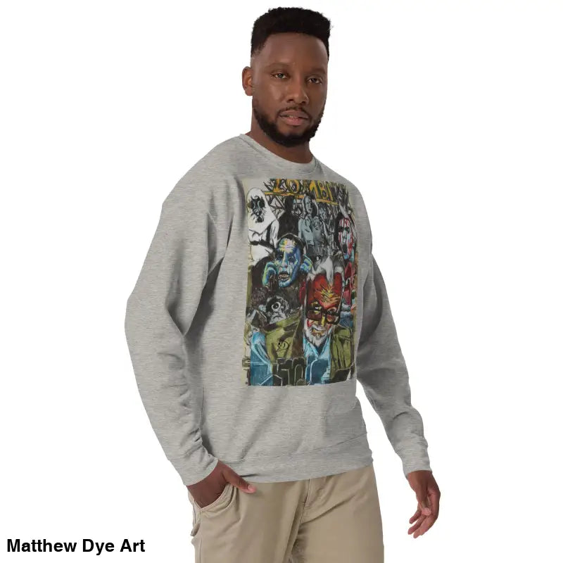Gray graphic sweatshirt from the Dead Will Rise collection, a unique Romero tribute in cotton