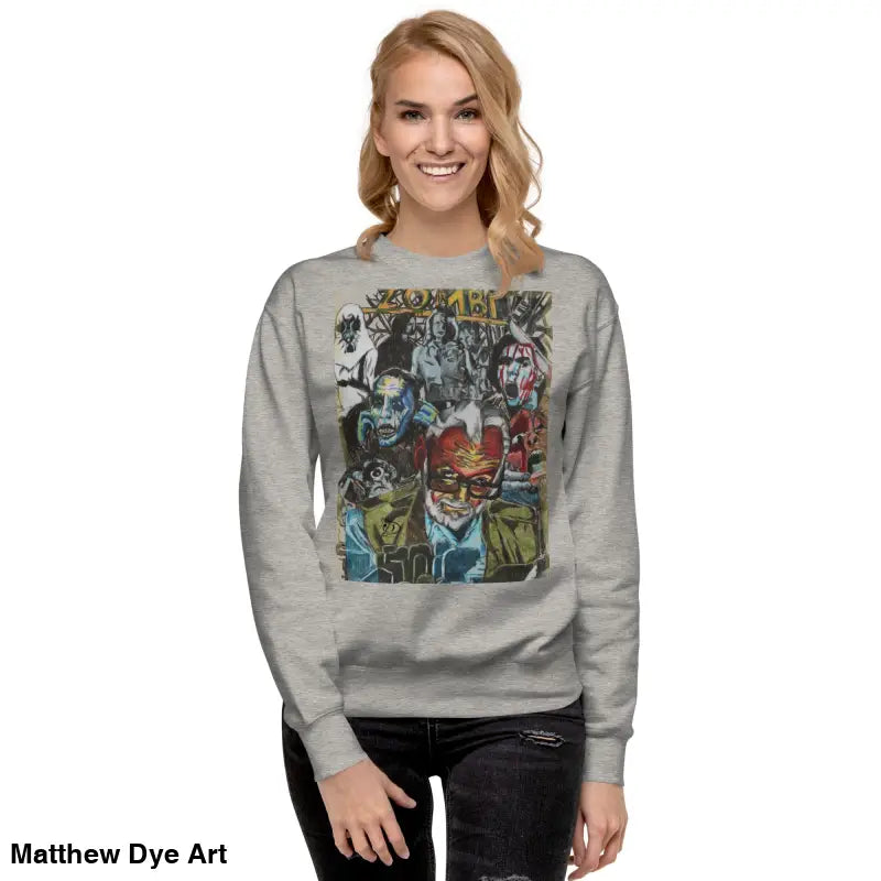 Gray cotton sweatshirt featuring a unique monster graphic in tribute to Romero
