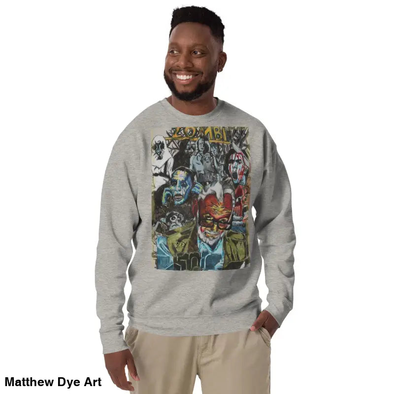 Gray cotton sweatshirt featuring a unique monster collage tribute to Romero
