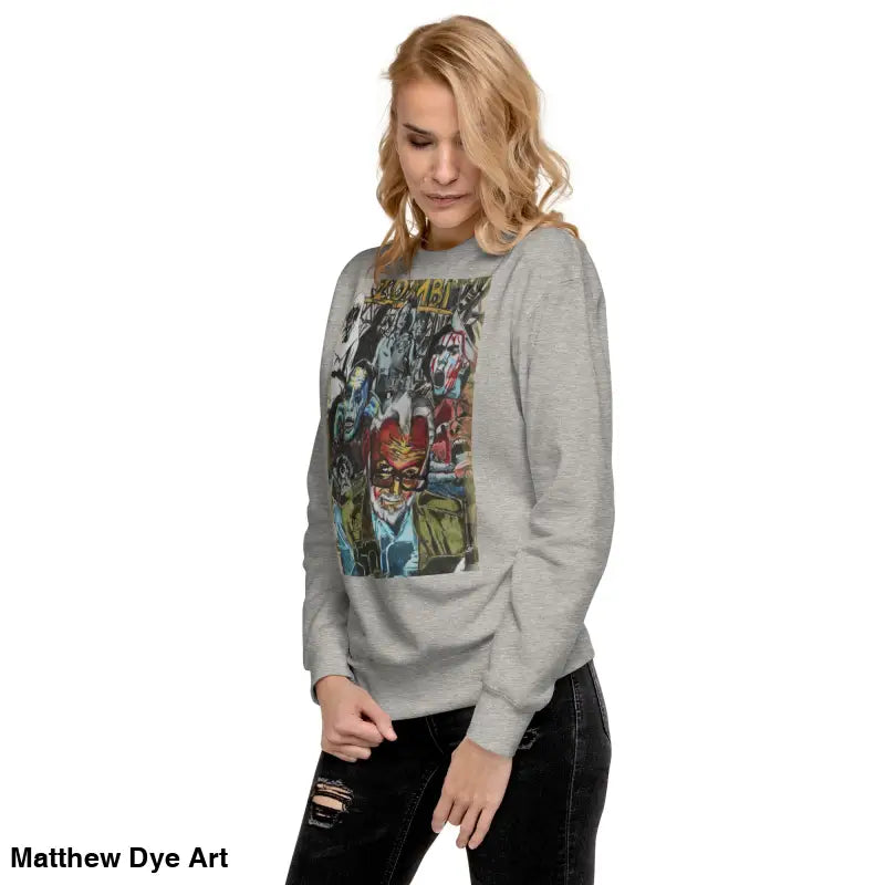 Gray cotton sweatshirt featuring a unique comic book graphic honoring Romero