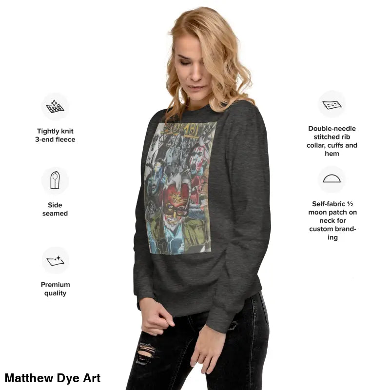 Gray cotton sweatshirt featuring comic book graphic for Romero tribute, unique design