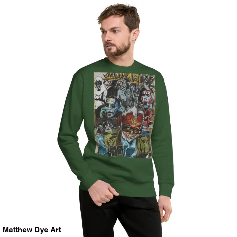 Green crewneck sweatshirt with zombie graphic, unique Romero tribute in soft cotton