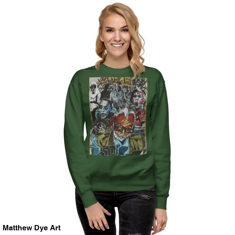 Green cotton sweatshirt featuring a zombie graphic, a unique Romero tribute design
