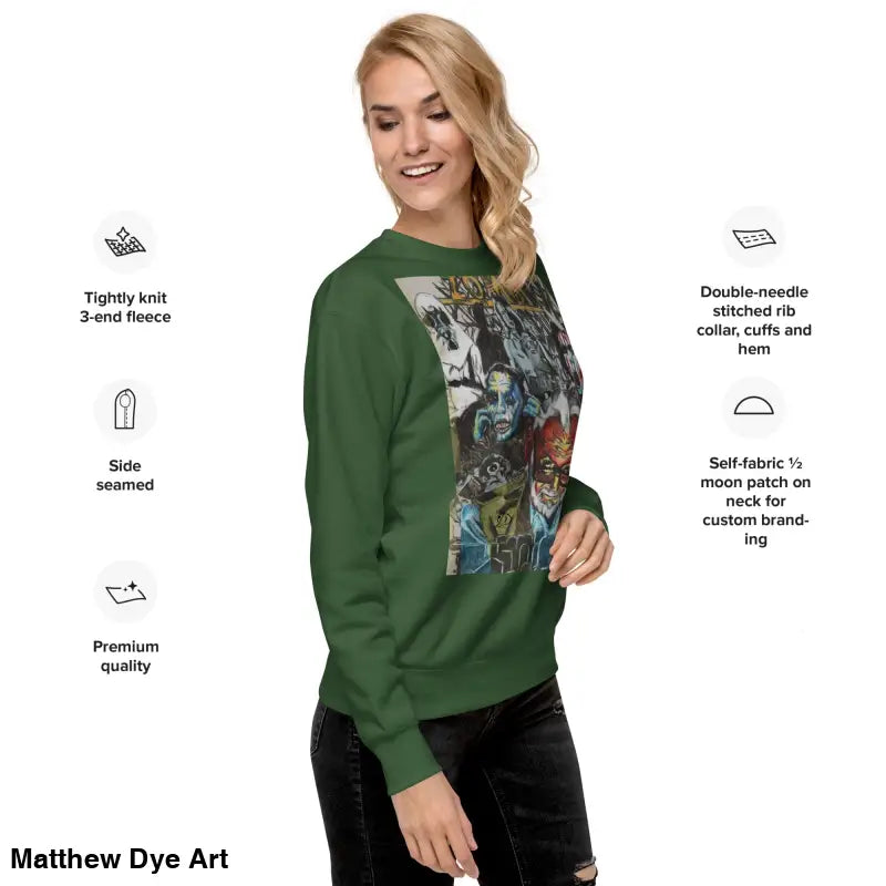 Green cotton sweatshirt featuring a graphic print honoring Romero, a unique sweatshirt design