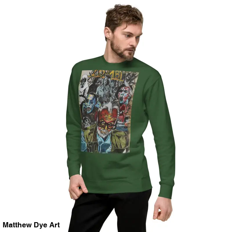 Green long-sleeved cotton sweatshirt featuring unique Romero graphic print design