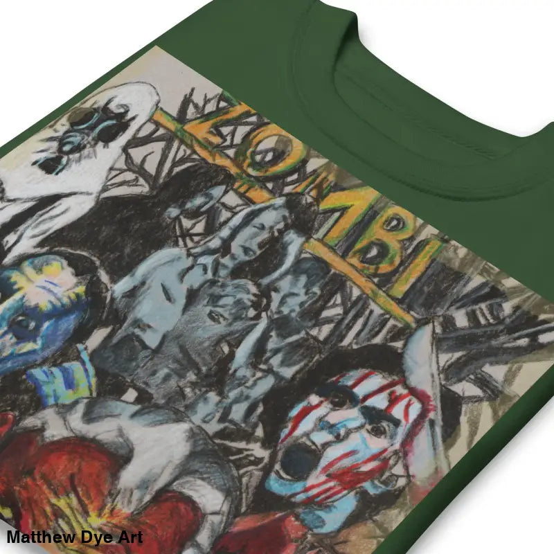 Green cotton t-shirt featuring unique Romero zombie art for fans of horror culture
