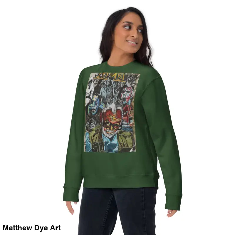 Green cotton sweatshirt features a unique zombie graphic in tribute to Romero