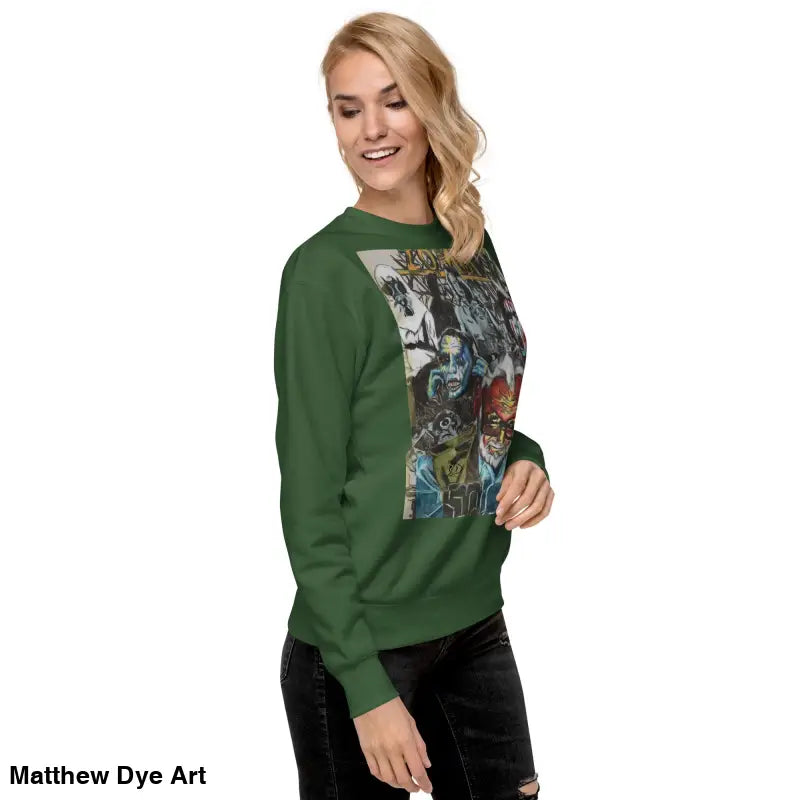 Green graphic sweatshirt from Dead Will Rise, a unique cotton Romero tribute design