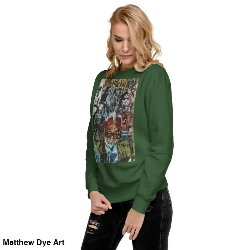 Green cotton sweatshirt featuring a comic book graphic for Romero fans