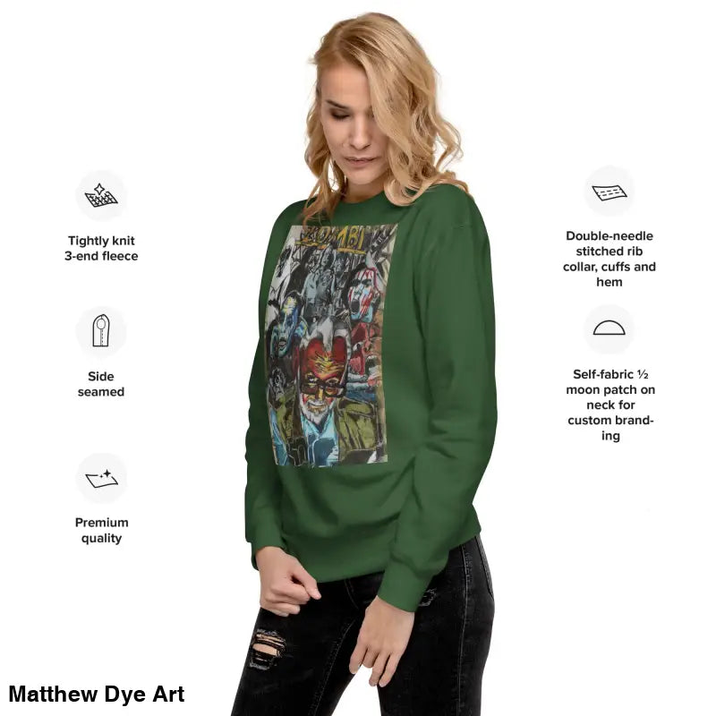 Green cotton sweatshirt featuring a unique comic book graphic tribute to Romero