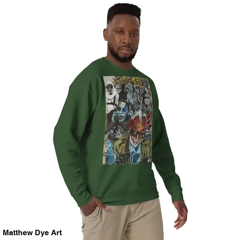 Green cotton sweatshirt featuring unique comic book graphic, inspired by Romero