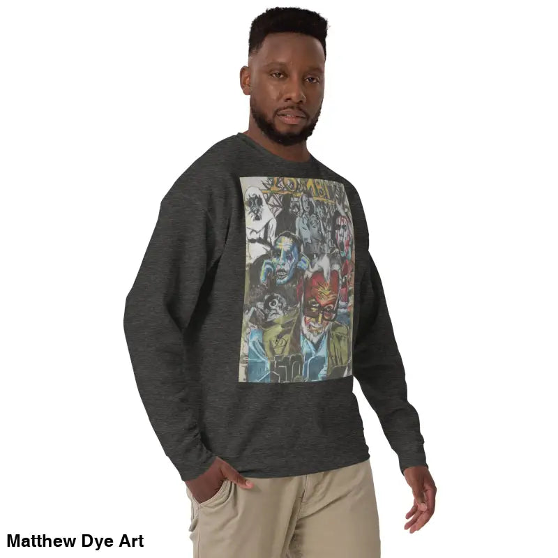 Men’s unique cotton sweatshirt featuring the Dead Will Rise Romero tribute design