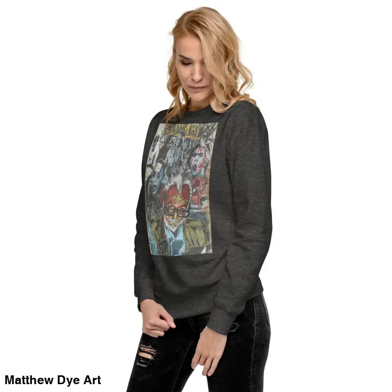Woman wearing a unique cotton sweatshirt featuring Romero tribute design