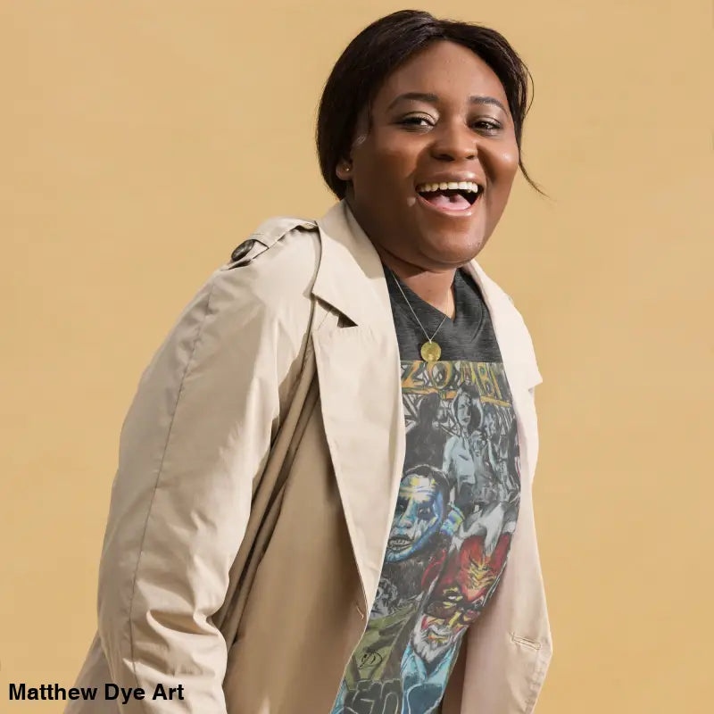 Smiling woman in trench coat wearing a unique cotton sweatshirt inspired by Romero