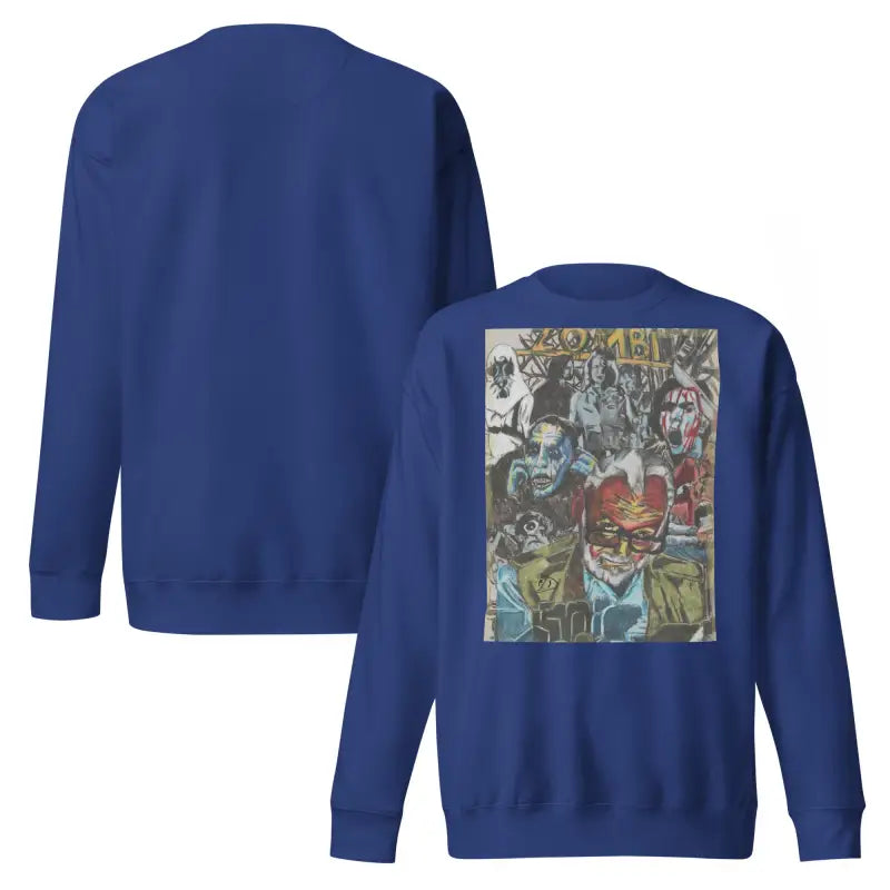Blue cotton sweatshirt featuring a unique Romero zombie collage design