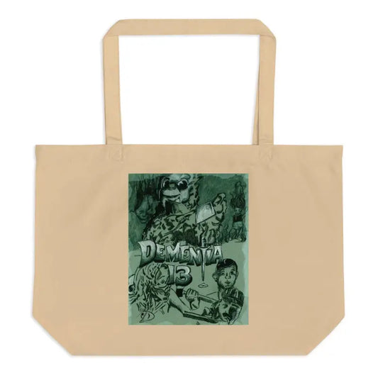 Tan organic cotton large tote bag featuring Dementia 13 horror art from cult classic film