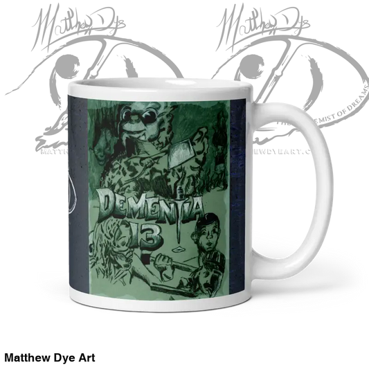 White ceramic mug with green artwork and Dementia text, embodying ghoulishly chic style
