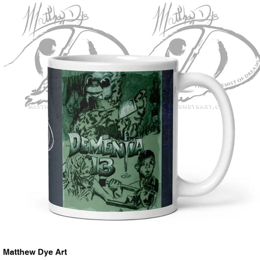 White ceramic mug with green artwork and Dementia text, embodying ghoulishly chic style
