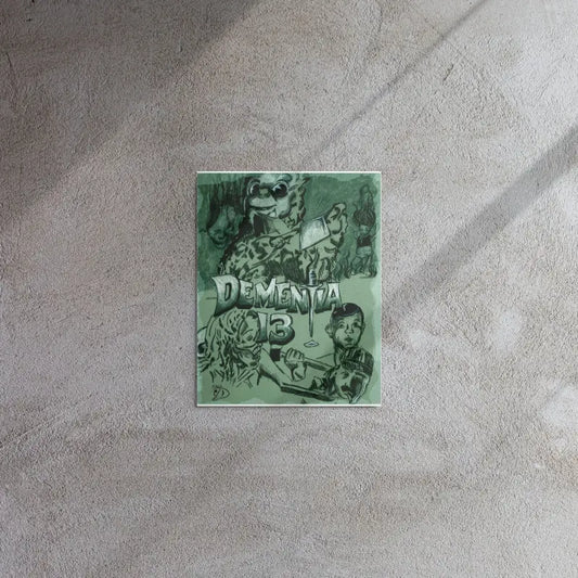 Green-tinted metal wall art featuring Dementia text and vintage horror illustrations