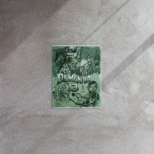 Green-tinted metal wall art featuring Dementia text and vintage horror illustrations