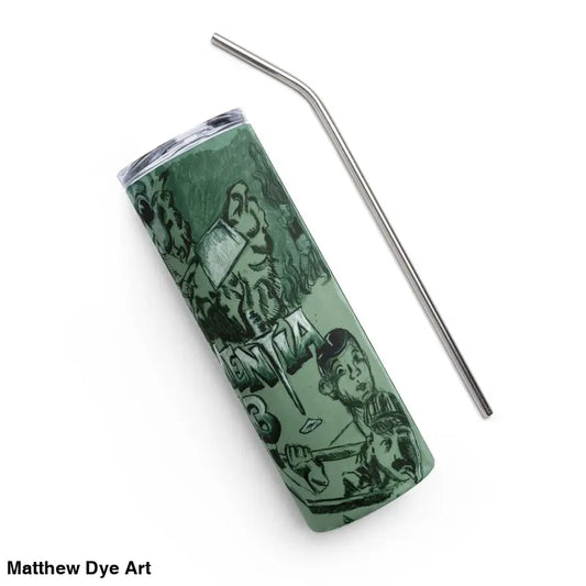 Green beverage can and metal straw beside Dementia 13 Stainless Steel Tumbler, a cult classic horror design