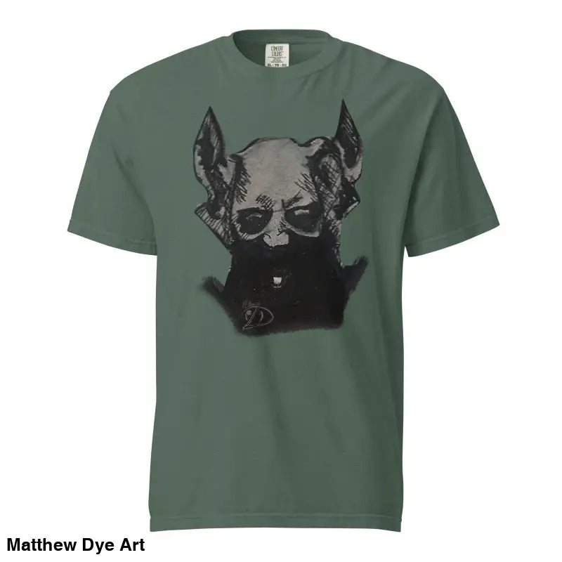Unisex garment-dyed heavyweight green t-shirt with black and gray dog head art design