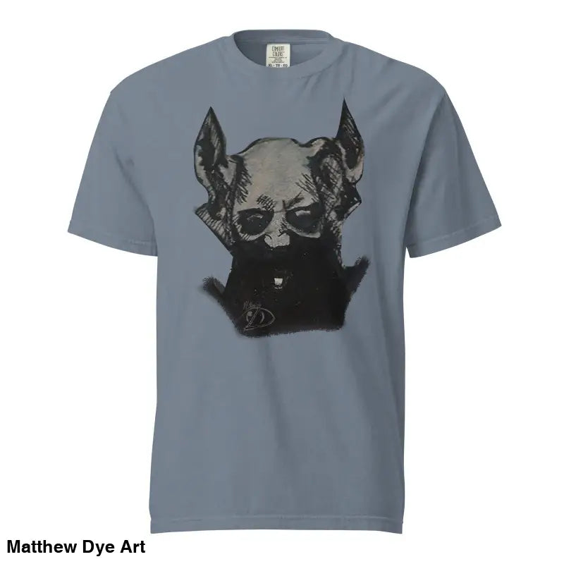 Grey unisex garment-dyed heavyweight tee featuring a devil-horned graphic design art