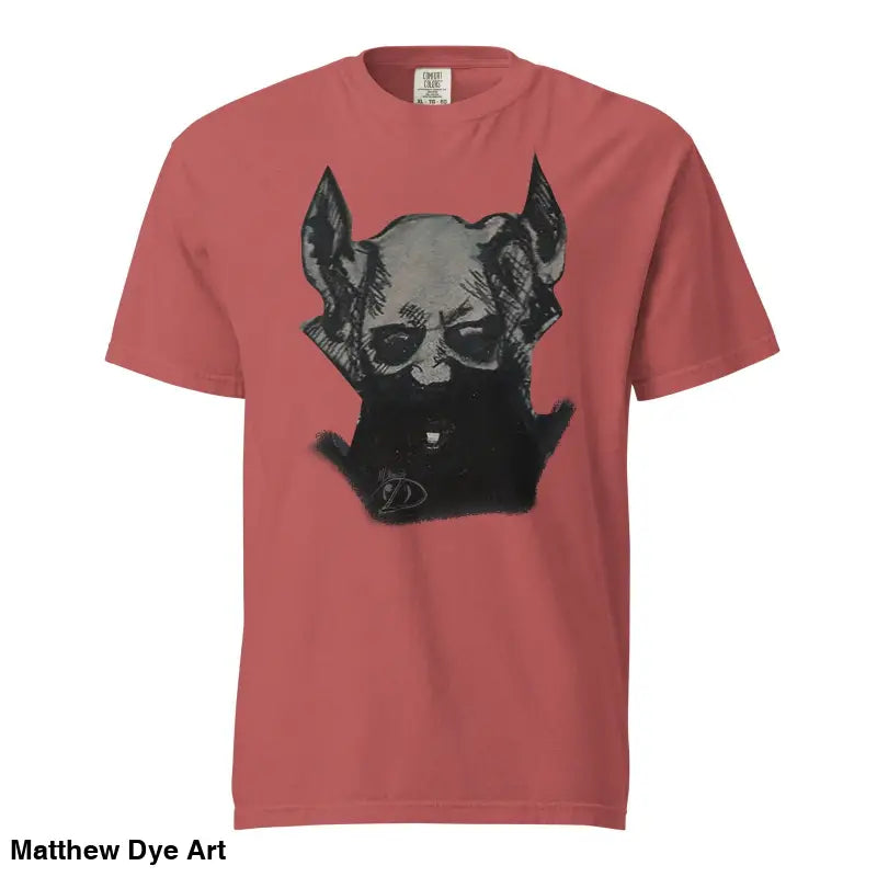 Red unisex garment-dyed heavyweight tee featuring dog art and sunglasses, perfect gift
